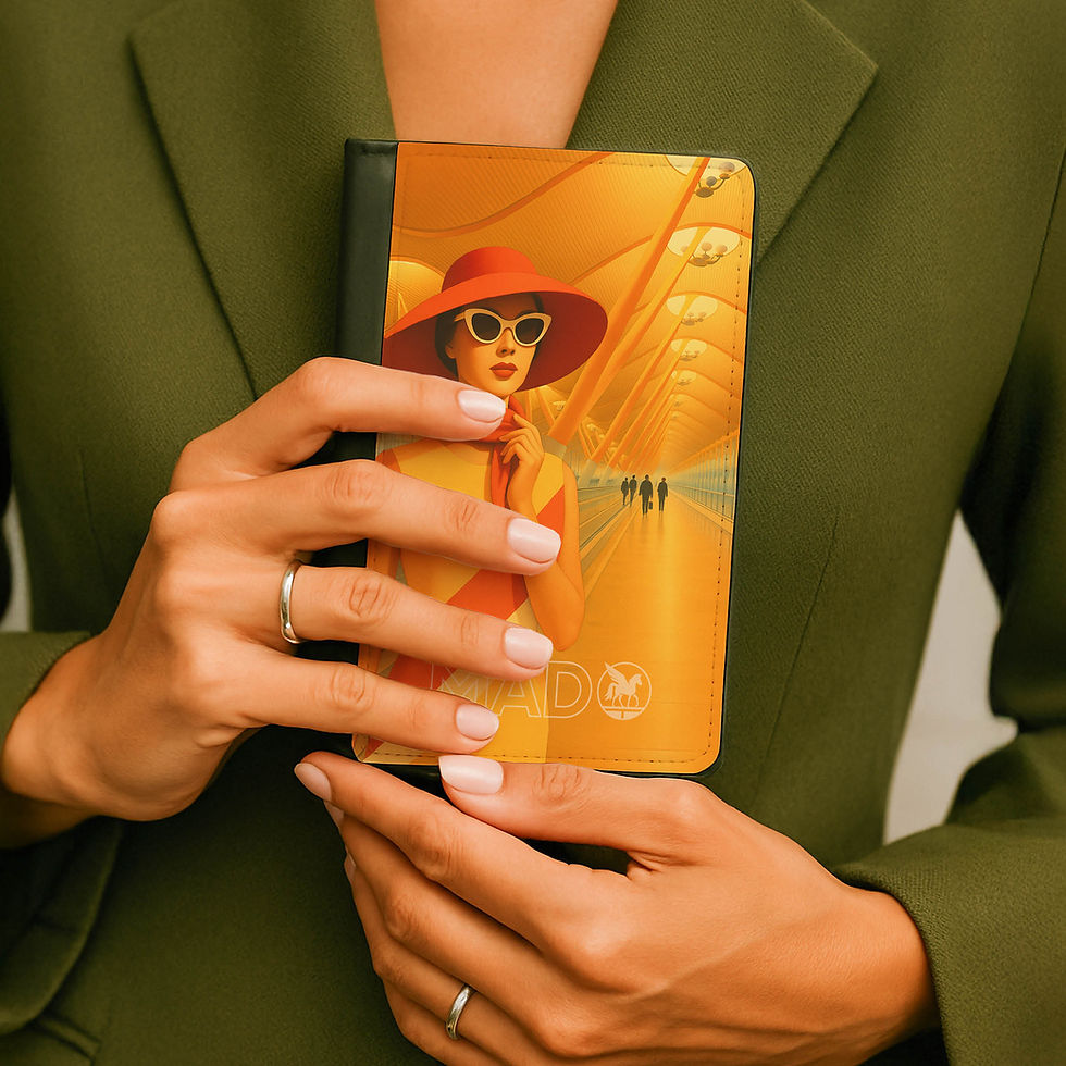 Model holding a Madrid MAD passport cover.