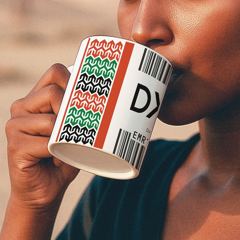 Model holding a Dubai DXB mug.