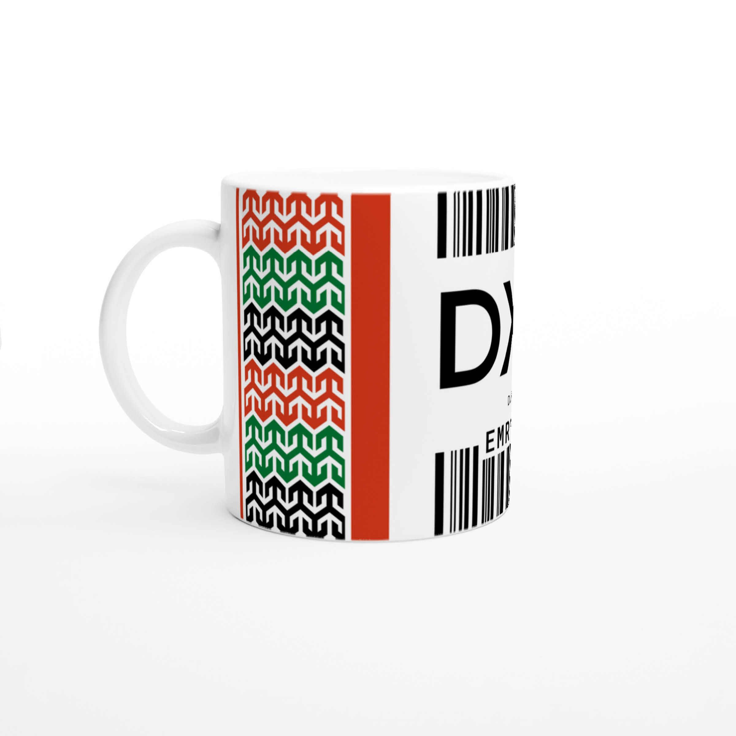 Dubai DXB mug on white background – handle on the left side.