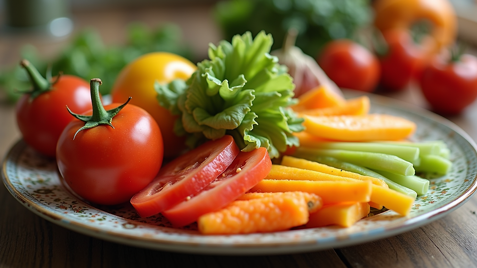 Close-up view of a colorful plate filled with fresh fruits and vegetables