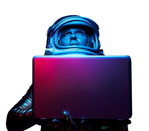 Um astronauta vestindo uma roupa espacial iluminado com luzes azul e rosa, segurando um la