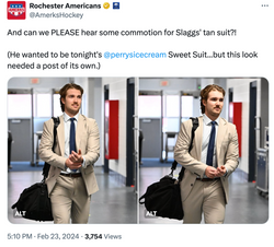 Copy of the attached Tweet from @AmerksHockey reads: "And can we PLEASE hear some commotion for Slag