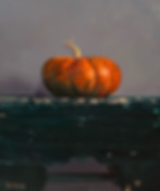 Traditional, still life oil painting of a speckled pumpkin on a wooden stool.