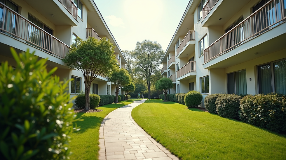 Eye-level view of a well-maintained apartment complex with green landscaping