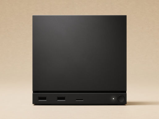 Steam Machine Valve in titanio spazzolato su mobile in legno scuro, design gentleman tech 2026.