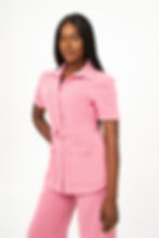 Thumbnail: Women's scrubs top in colour pink with features of waistline belt, short sleeve, v-neck collar, pearl snap up, two pockets