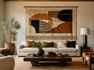 Contemporary living room with geometric wall rug and layered textile art in warm neutral colors