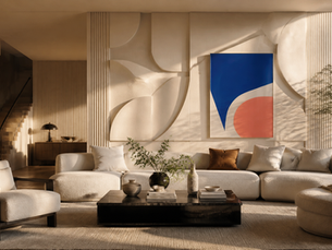 Contemporary living room with a sculptural textured wall and bold acrylic wall art