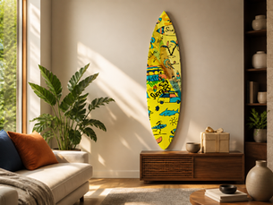 Colorful POPZEO acrylic surfboard wall art displayed as a one-of-a-kind gift