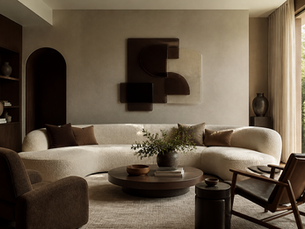 Contemporary living room in espresso, charcoal, khaki, and cream tailored neutral colors