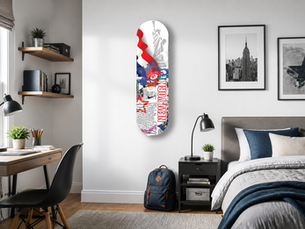 POPZEO skateboard wall art displayed in a modern teen bedroom