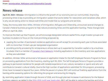 对创业签证和自雇人士签证项目进行改革,以帮助减少积压和缩短处理时间