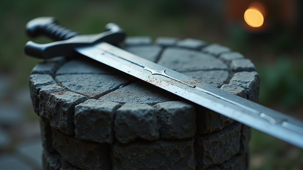 Close-up view of a fantasy sword resting on a stone pedestal