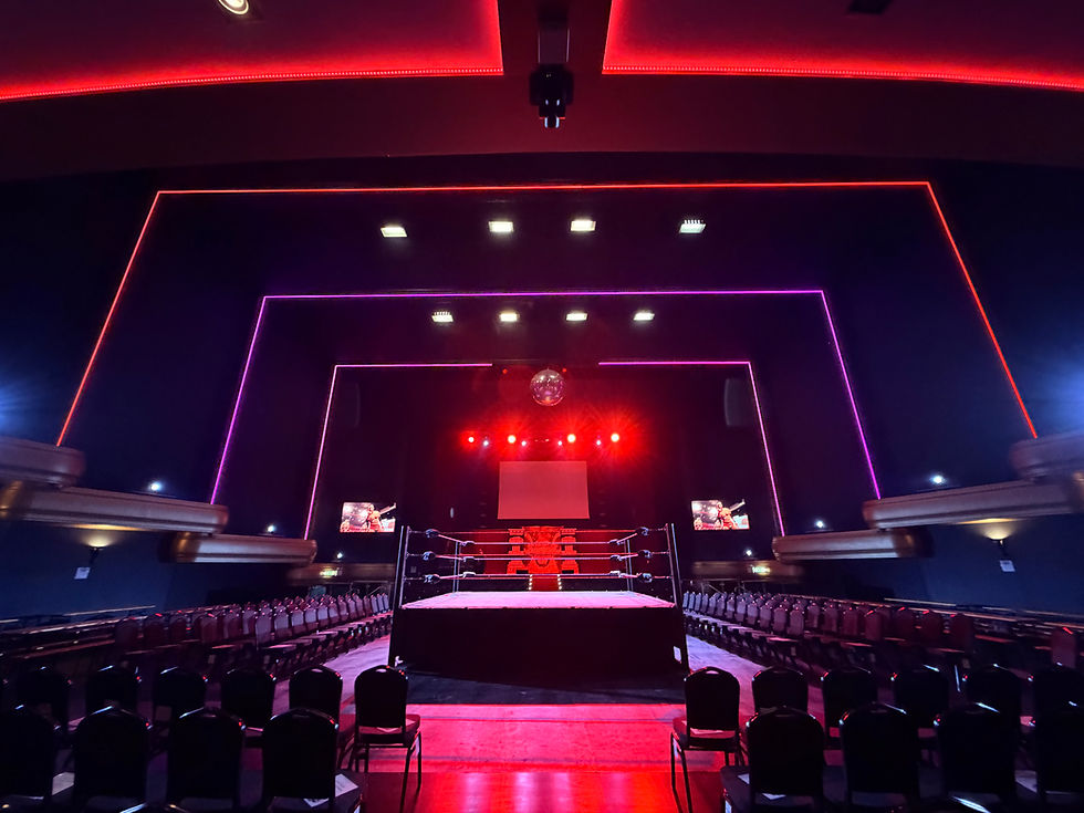 Empty event hall with boxing ring, red and purple lights