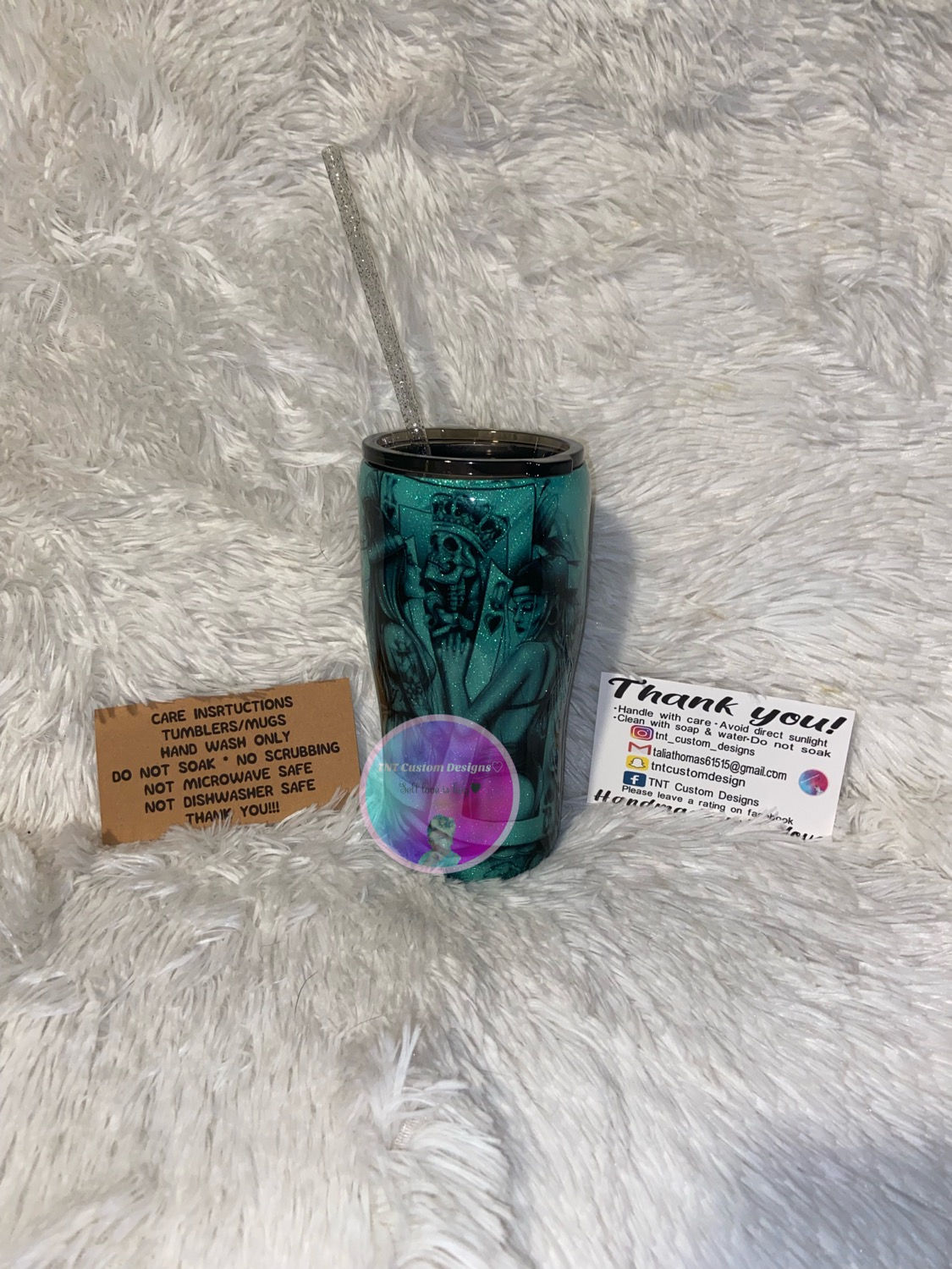 Blue glow in the dark with glitter under tattoo. They Also ordered the bong atta