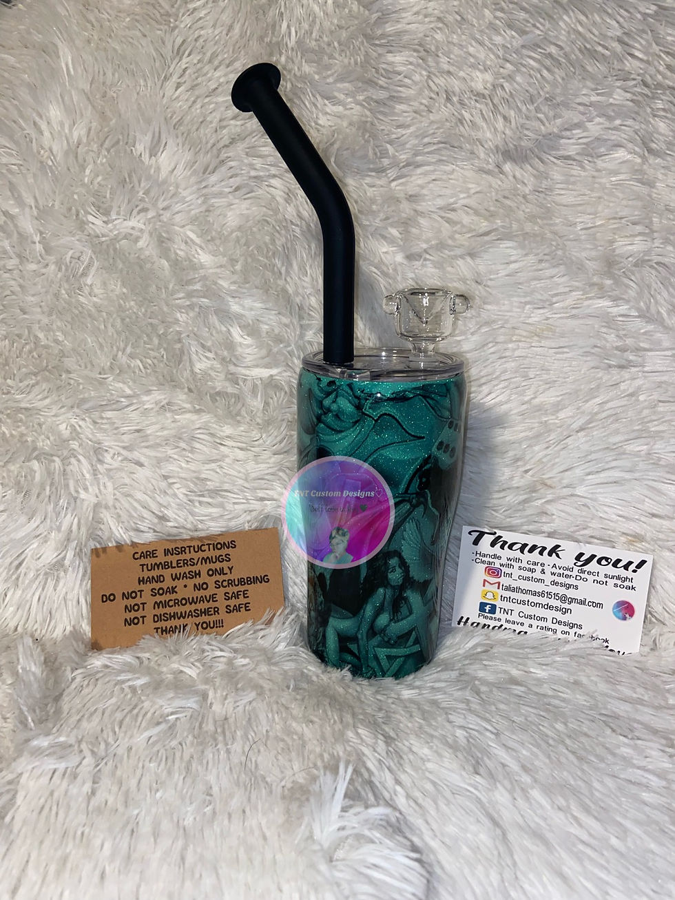 Thumbnail: Blue glow in the dark with glitter under tattoo. They Also ordered the bong atta