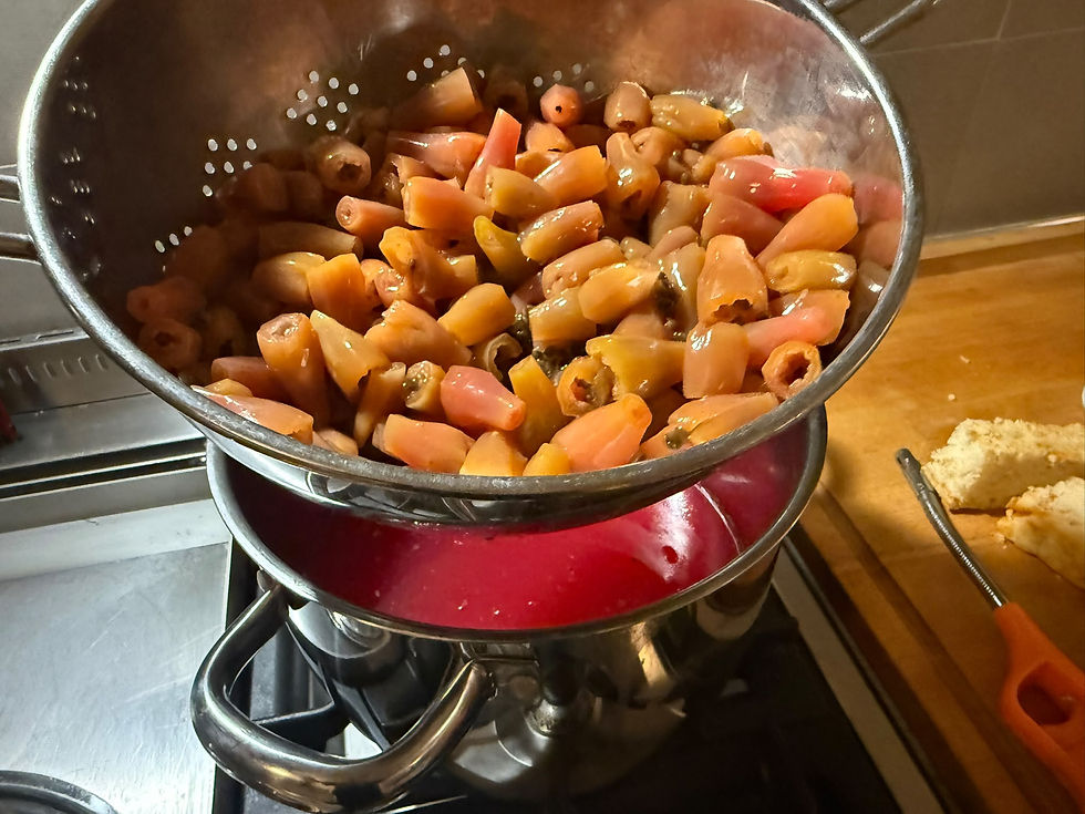 Sieving the juice from the pulp. The fruit has lost it's colour into the liquid, which is a beautiful rose red colour.