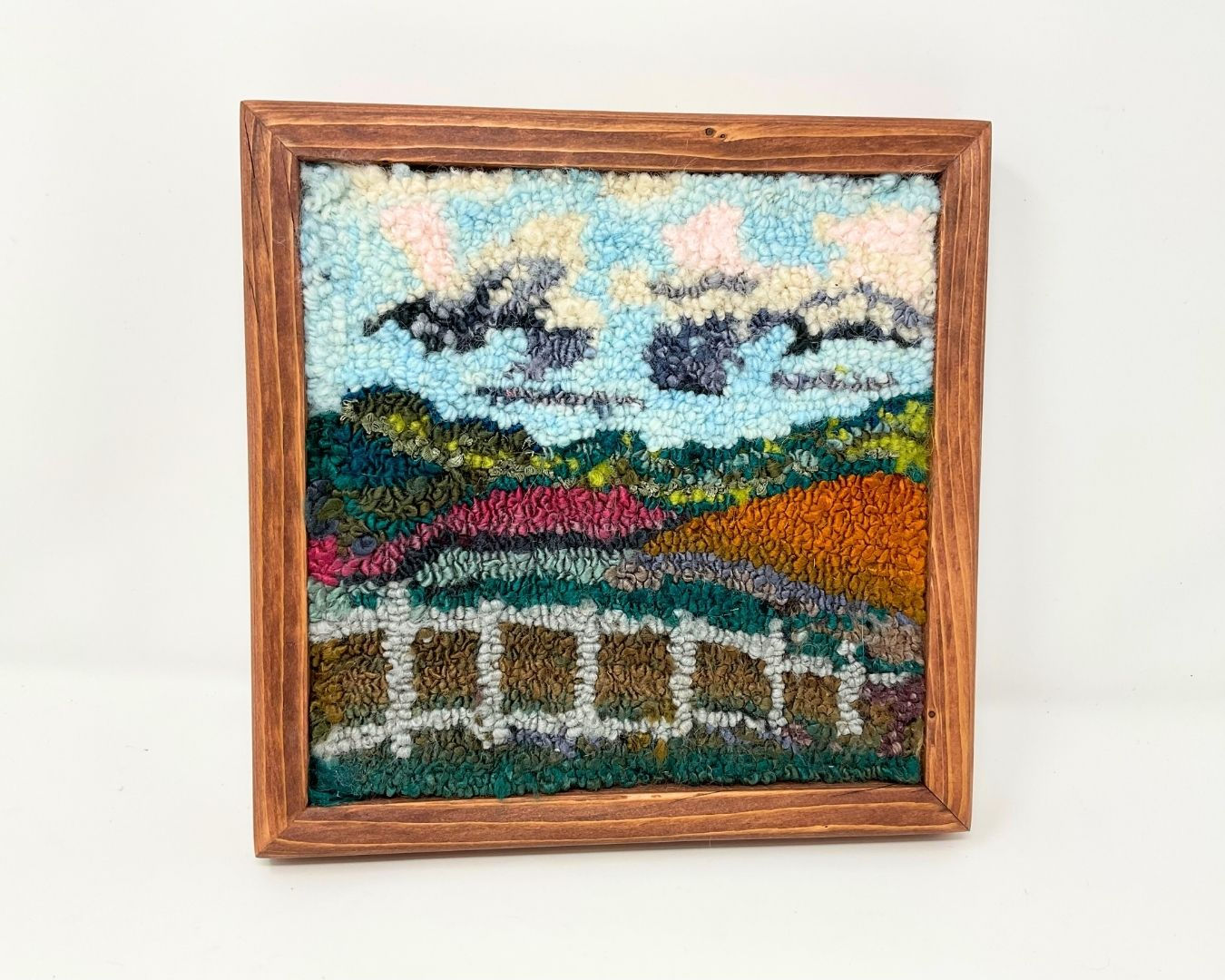 Fence in Field, Framed Rug Hooking