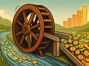 Illustration im Comicstil: Eine große hölzerne Wassermühle wird von einem Fluss aus Geldscheinen und Münzen angetrieben. Auf der anderen Seite der Mühle fließt eine deutlich größere Menge Geld heraus – glänzende Münzen und Scheine strömen auf einen goldenen Weg. Im Hintergrund ist ein ansteigendes Balkendiagramm zu sehen, das Wachstum symbolisiert. Die Szene steht sinnbildlich für den Return on Investment (ROI): Aus wenig Input entsteht durch einen gut laufenden Marketing-Mechanismus ein hoher Output.