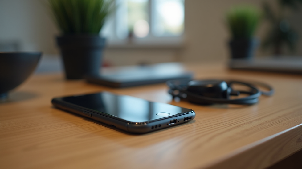 Close-up view of smartphone and accessories on a wooden table