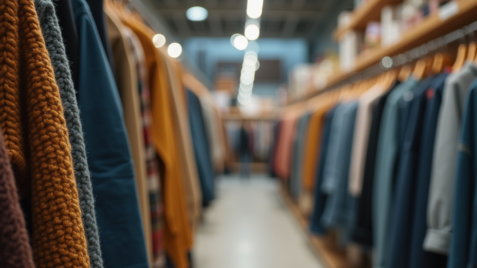 Eye-level view of clothing rack with casual wear in a store