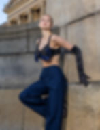 Thumbnail: High Waisted Deep Blue Brocade Trousers