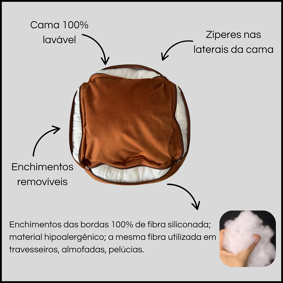 Miniatura: Cama lavável com zíperes e enchimento removível de fibra.