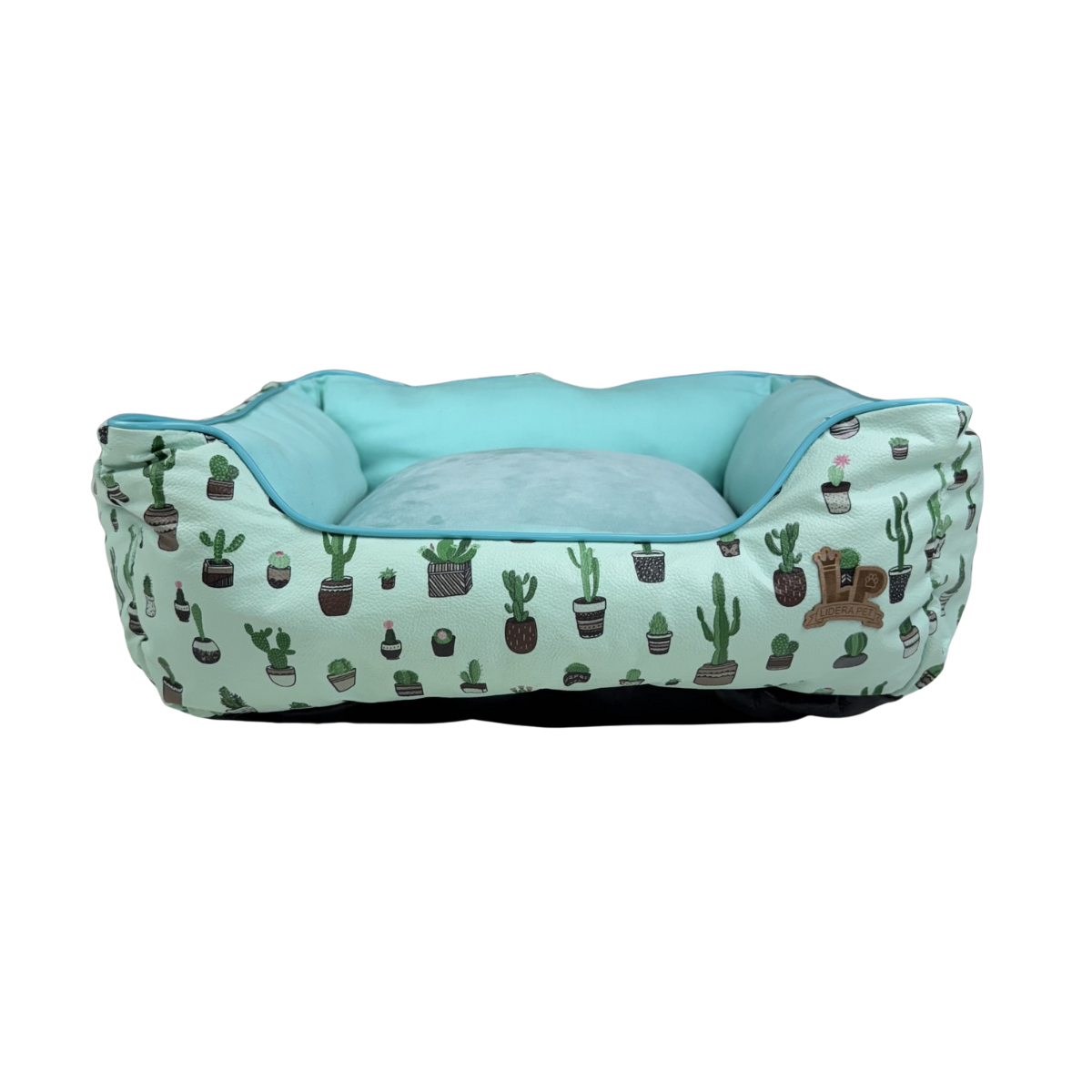 Cama para cachorro verde com estampa de cactos e almofada interna.