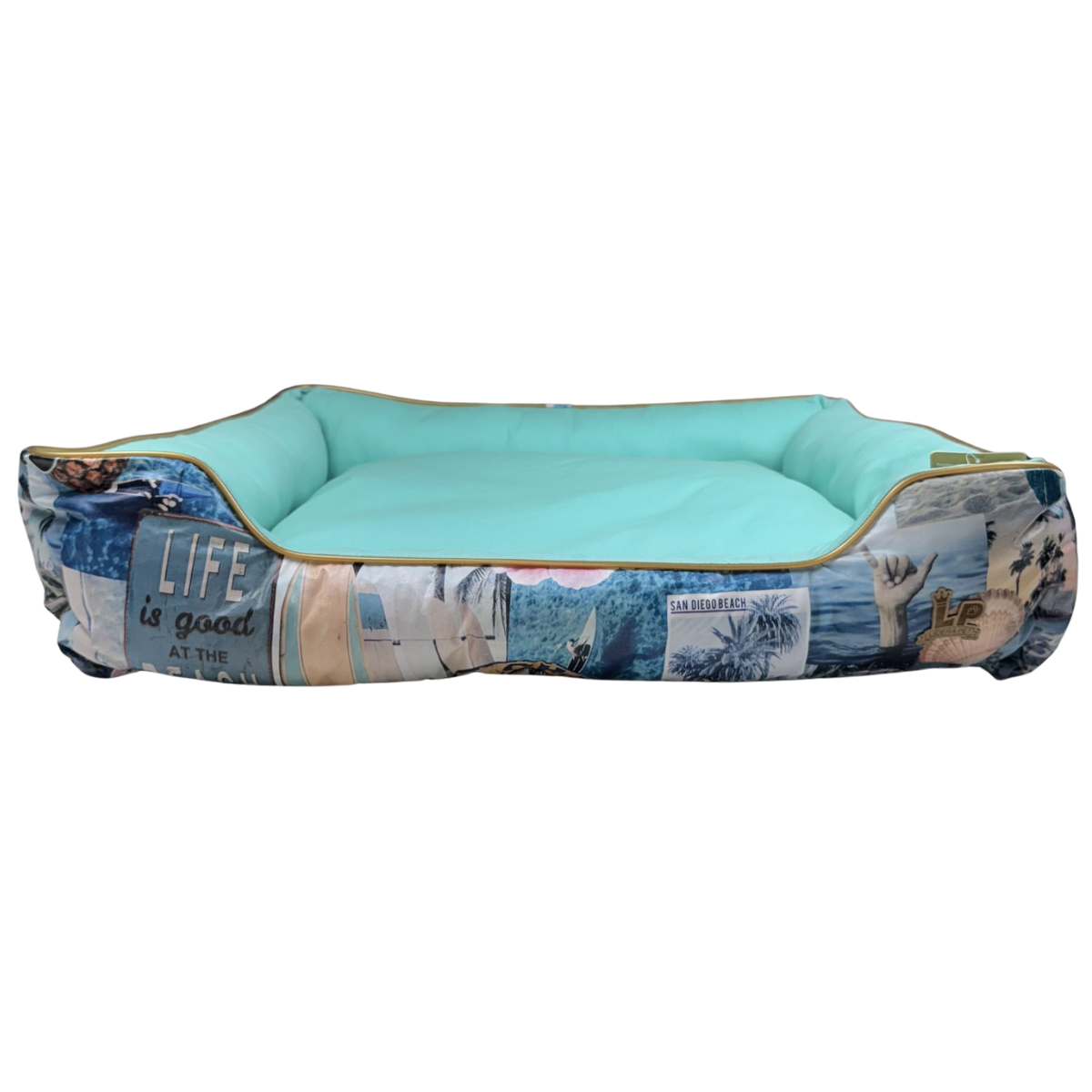 Cama de cachorro azul com detalhes, CAMA SUPER LUXO CINZA TAM. G, para conforto.