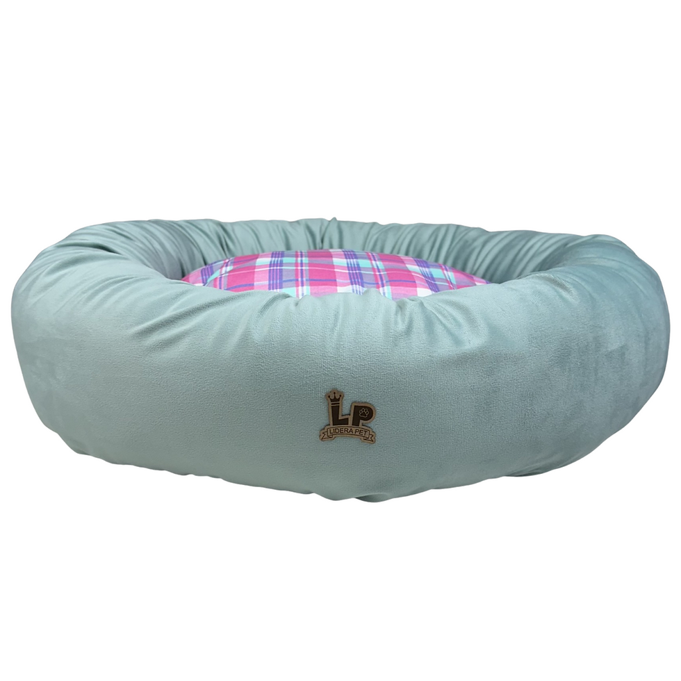 Cama de cachorro cinza com tecido xadrez rosa e roxo. CAMA SUPER LUXO CINZA TAM. G.