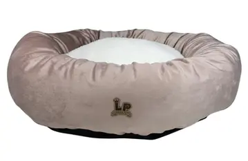 Cama pet redonda com almofada e logotipo LP. cama pet confortável.