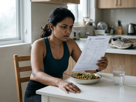 A woman in workout clothes sits at a kitchen table in the morning, reading a lab report with a look of quiet disbelief. A salad and glass of water sit untouched beside her. Escaso Metabolic Health Clinic