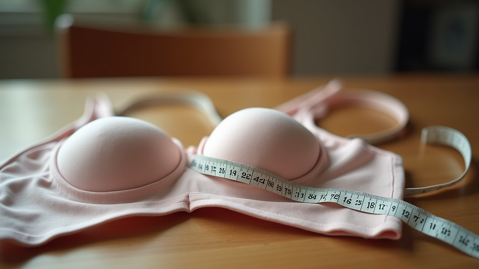 Close-up view of a measuring tape and a bra on a wooden table