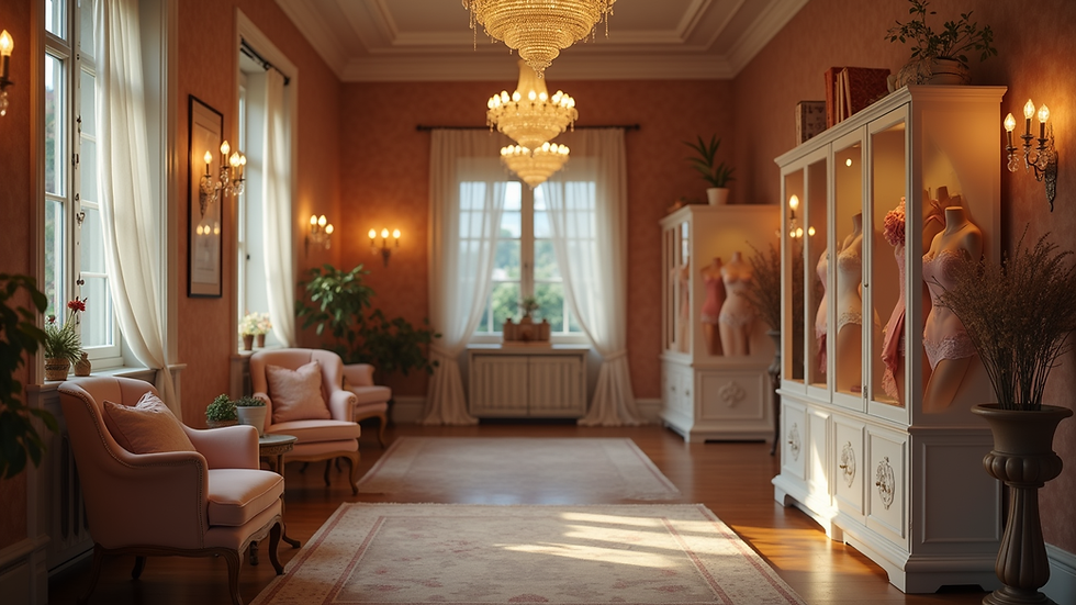 Eye-level view of a cozy corsetería interior with elegant lingerie displays