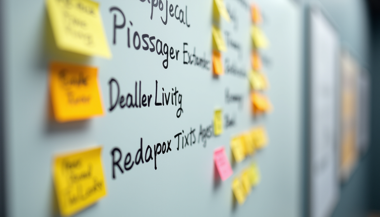 Eye-level view of a detailed project improvement list on a whiteboard with colored sticky notes