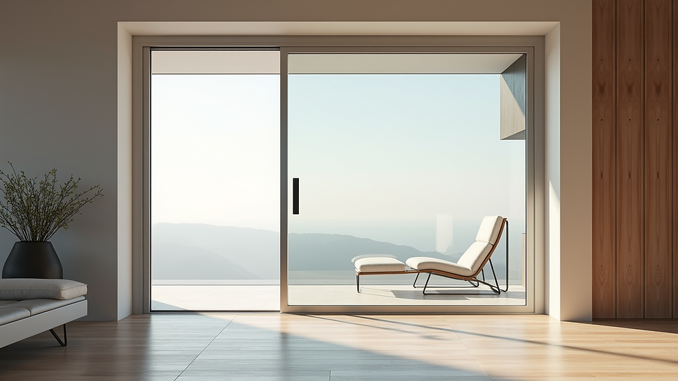 Eye-level view of a minimal frame sliding door installation with clear glass