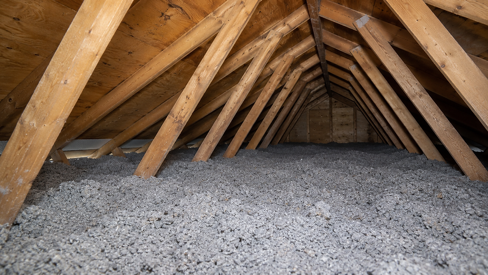Loose-fill cellulose insulation across a residential attic floor beneath exposed wooden rafters.