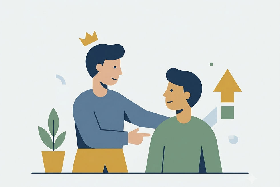 Ilustração de uma liderança orientando e apoiando o desenvolvimento de outra pessoa, com símbolos de crescimento e evolução profissional.