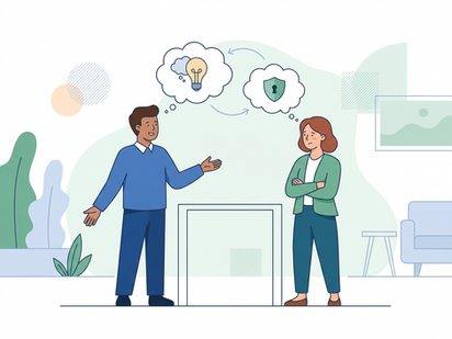 Ilustração de duas pessoas conversando, com uma explicando suas ideias enquanto a outra escuta de forma reservada, representando diálogo, confiança e segurança psicológica.