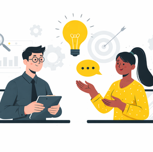 Ilustração em estilo flat de duas pessoas em um ambiente de trabalho remoto, cada uma em frente a um notebook. Uma segura um tablet enquanto a outra gesticula durante a conversa. Entre elas, há um balão de fala e uma lâmpada acesa, simbolizando troca de ideias. Ao fundo, ícones sutis como gráficos, engrenagens e alvo reforçam o contexto profissional.