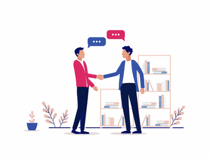 Ilustração minimalista de duas pessoas apertando as mãos, com balões de fala acima, em um ambiente de escritório com fundo branco.