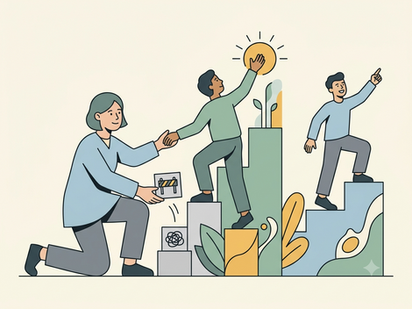 Ilustração de uma líder apoiando o crescimento de outras pessoas, ajudando a superar obstáculos e alcançar novos níveis de desenvolvimento.