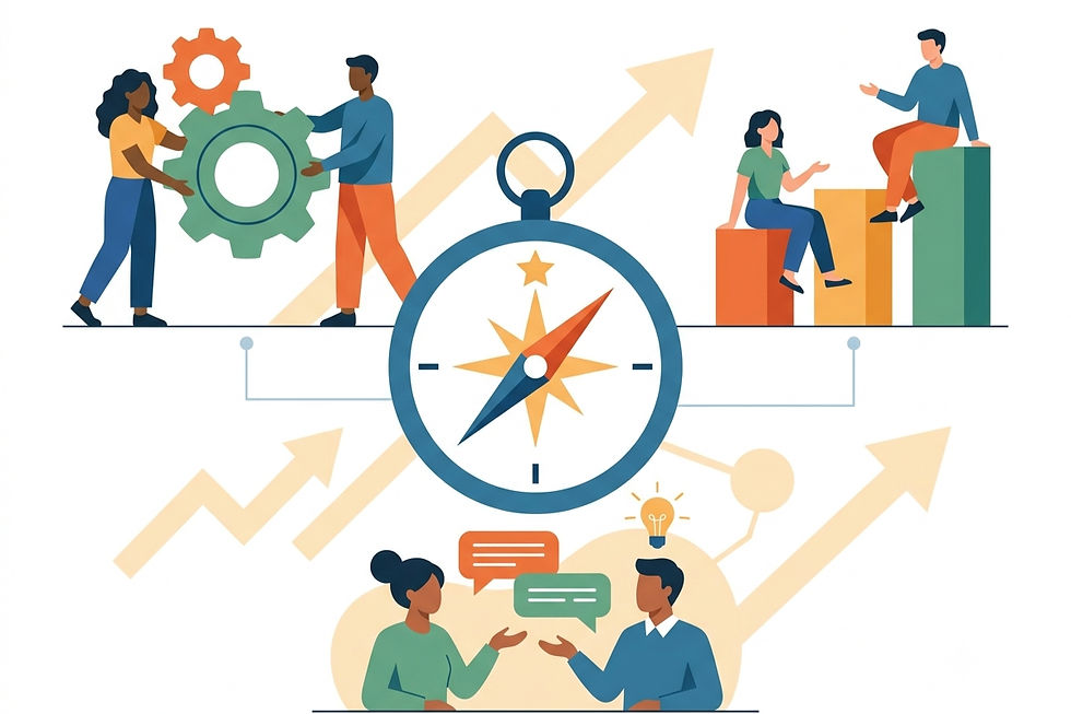 Ilustração com pessoas colaborando, dialogando e planejando estratégias, ao redor de uma bússola e gráficos de crescimento, representando competências de liderança.