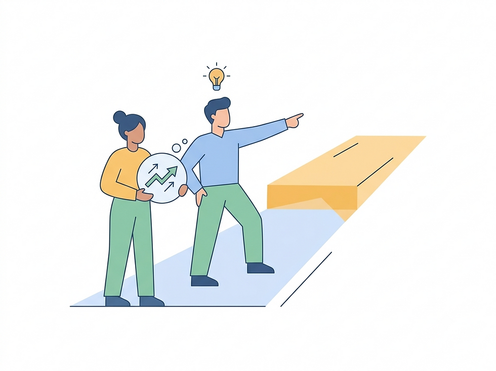 Ilustração de duas pessoas definindo uma direção em conjunto, com símbolos de crescimento e visão de futuro representando liderança transformacional.