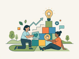 Duas pessoas colaboram montando blocos que representam valores e habilidades, simbolizando a construção de confiança e relacionamentos saudáveis na organização.