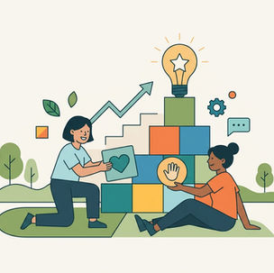 Duas pessoas colaboram montando blocos que representam valores e habilidades, simbolizando a construção de confiança e relacionamentos saudáveis na organização.