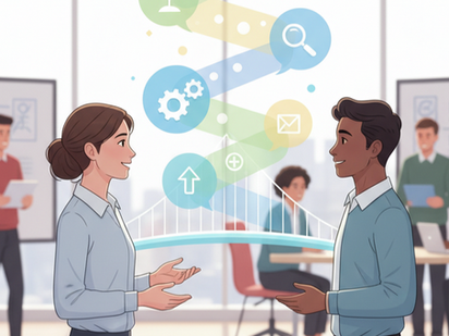 Ilustração em estilo cartoon de dois colegas, uma mulher branca e um homem negro, conversando em um escritório moderno. Entre eles, flutua um gráfico sinuoso com ícones de engrenagens, busca e mensagens, simbolizando colaboração e fluxo de trabalho. Ao fundo, outras pessoas trabalham em mesas e lousas.