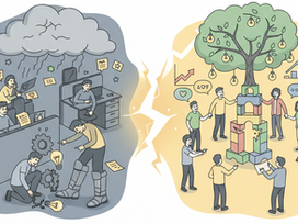 Ilustração dividida ao meio comparando dois ambientes de trabalho: à esquerda, um escritório sombrio e sob uma nuvem de chuva, representando a cultura do medo; à direita, um ambiente ensolarado com pessoas colaborando ao redor de uma árvore que cresce de blocos de montar, simbolizando segurança psicológica e inovação.