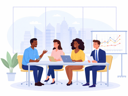 Grupo diverso de profissionais reunidos em uma mesa de escritório, conversando, com cidade ao fundo e gráfico ao lado.