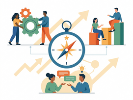Ilustração com pessoas colaborando, dialogando e planejando estratégias, ao redor de uma bússola e gráficos de crescimento, representando competências de liderança.